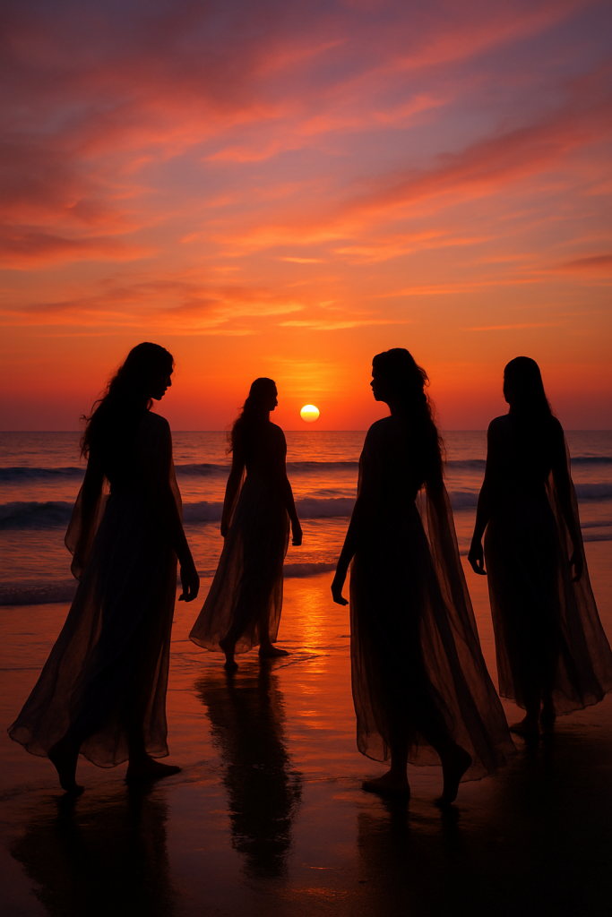 A stunning and ethereal image of a serene beach at sunset or sunrise. The silhouettes of several graceful women can be seen walking along the shore, evoking a sense of mystery and divine femininity