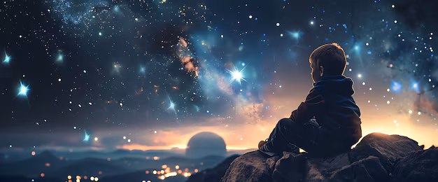 An evocative and artistic image of a young boy or silhouette of a person looking up at a vast, starry night sky filled with a nebula or the Milky Way. The mood should be one of wonder, potential, and connection